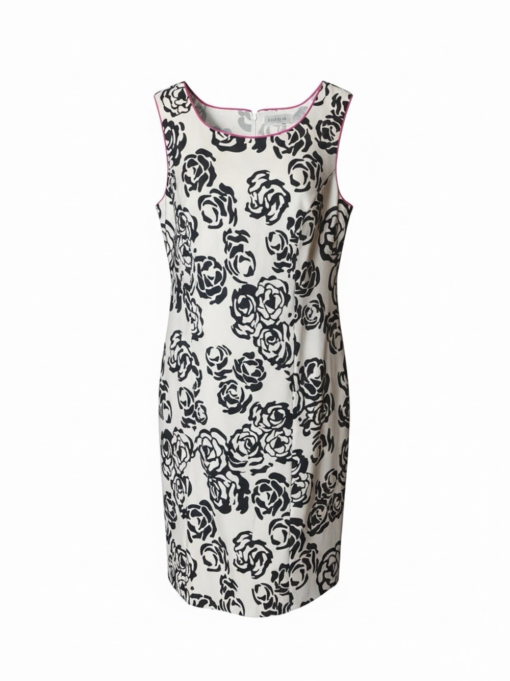 215. dressbarn White Mini Dress with Black Rose Print and Pink Trim